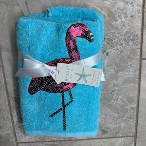 Blue Hand Towel with Pink Flamingo Design